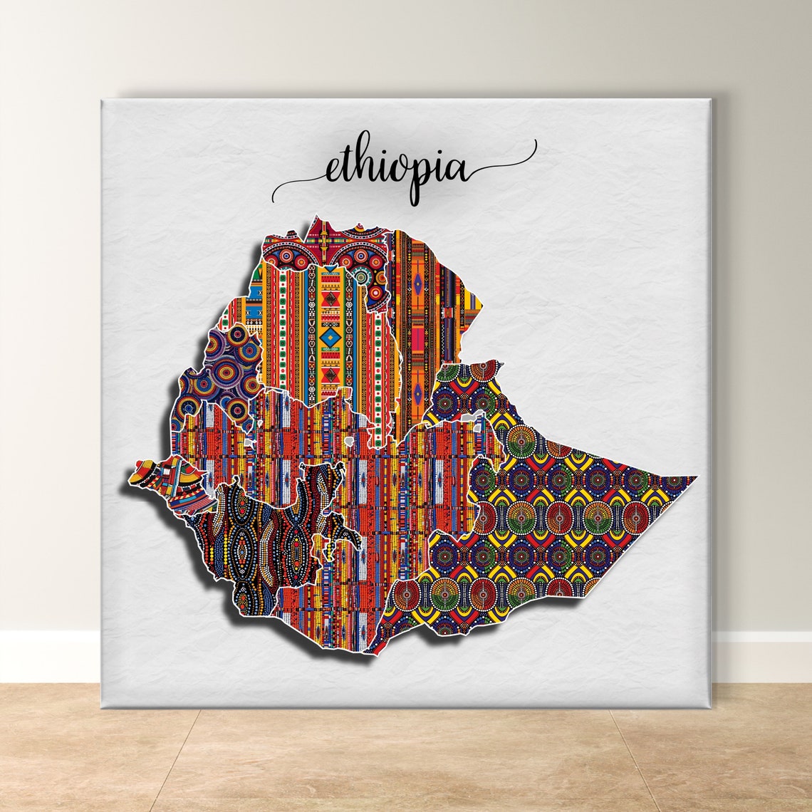 Ethiopia Country Map in Colorful African Pattern Style Poster