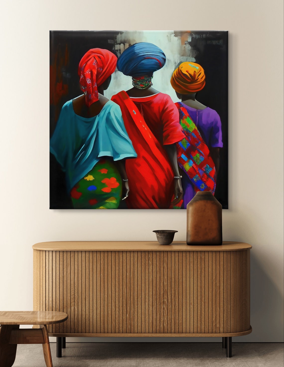 Three Women in Colorful Head Wraps Walking Together Art Poster - Image 6