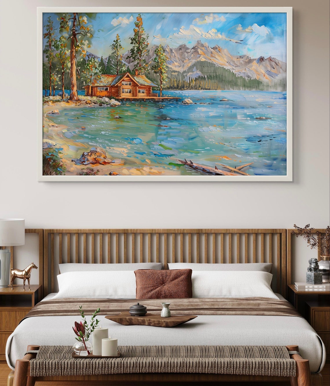 Lake Tahoe Lakeside Cabin with Pine Trees and Mountain Peaks Poster - Image 2