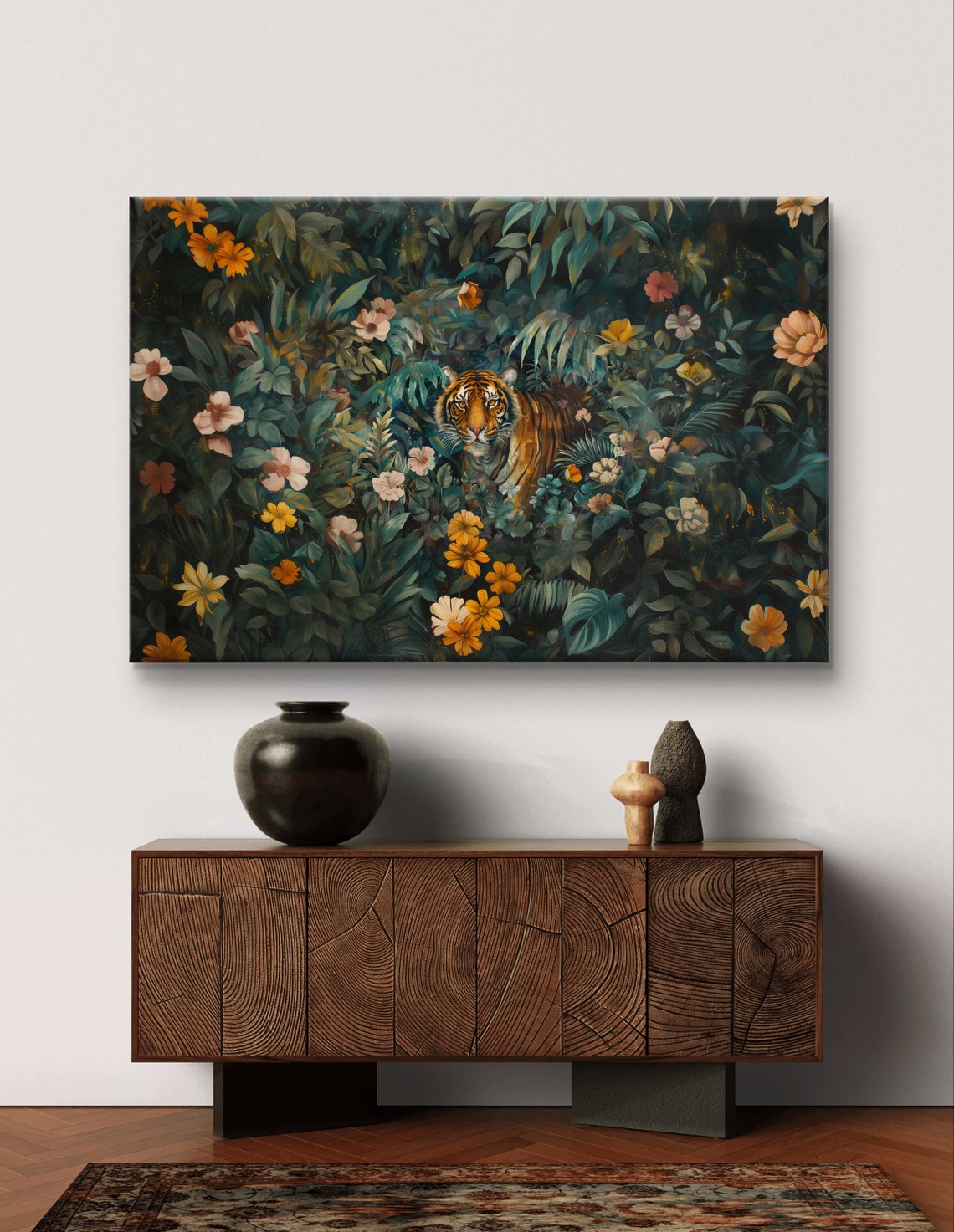 Tiger Walking Through Moody Botanical Jungle Blossoms Art Poster - Image 6