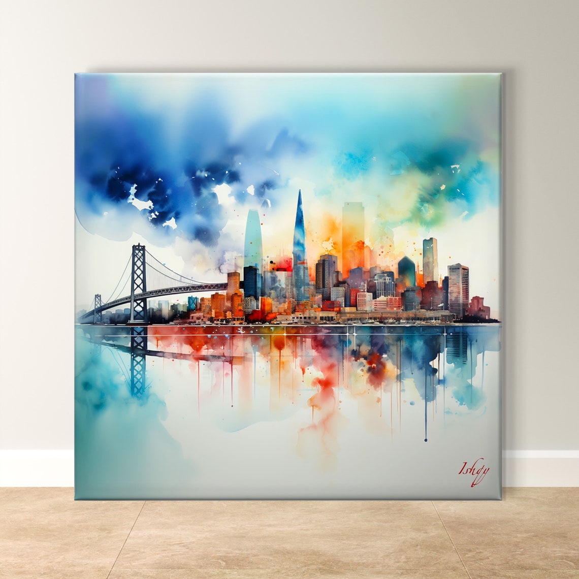San Francisco Skyline Watercolor with Bay Bridge Reflection Poster