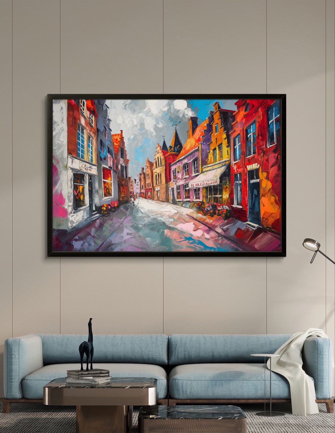 Bruges Old Town Street in Vivid Red and Orange Impressionist Poster - Image 2