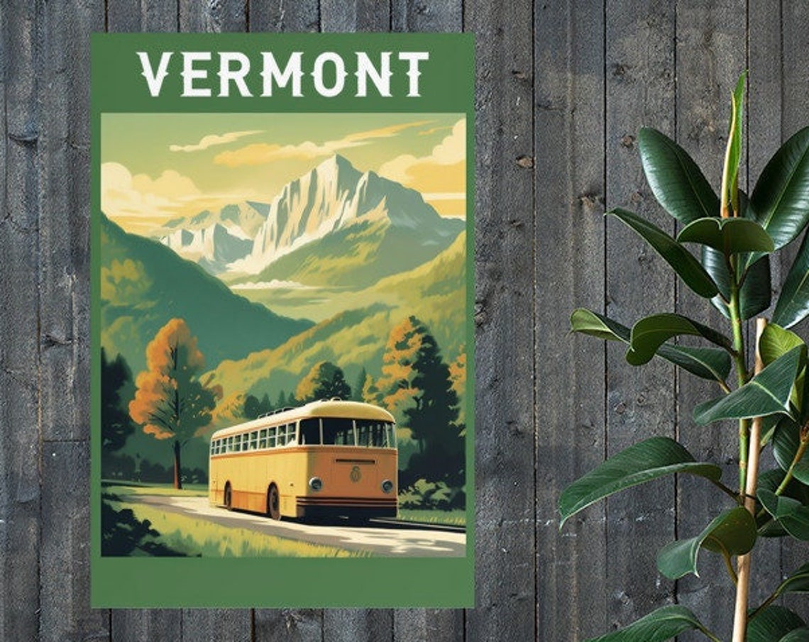 Vermont Green Mountains Fall Foliage Vintage Bus Travel Poster - Image 2
