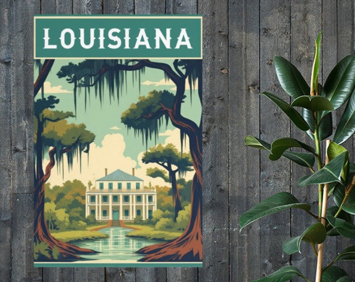 Louisiana Plantation House Bayou Spanish Moss Vintage Travel Poster - Image 2