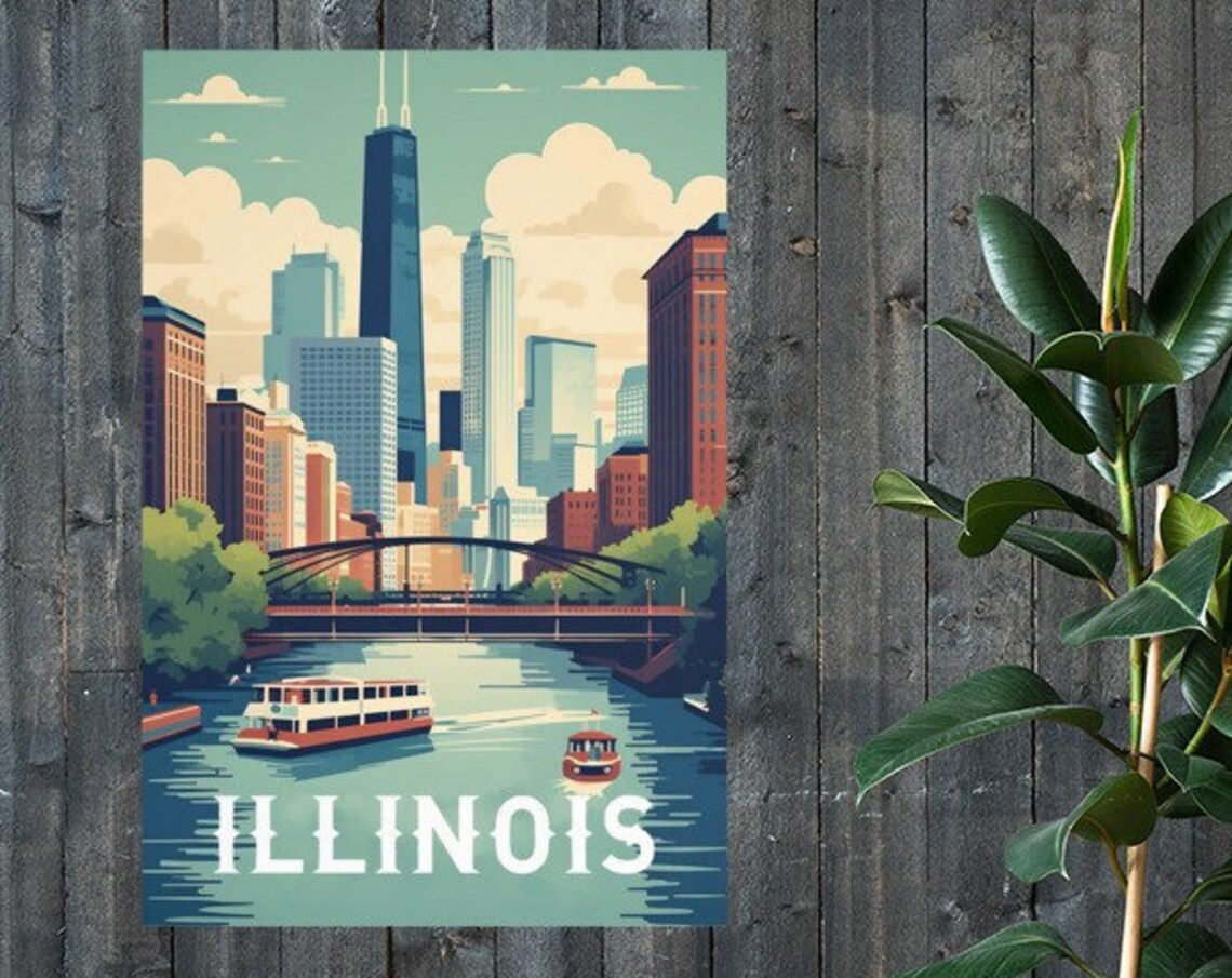 Illinois Chicago City Skyline River Boats Vintage Travel Poster - Image 2