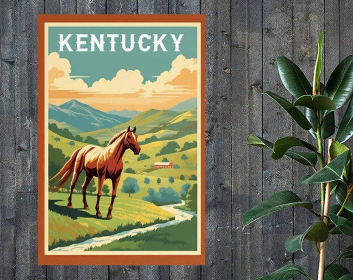 Kentucky Horse Pasture Rolling Hills Barn Vintage Travel Poster - Image 2