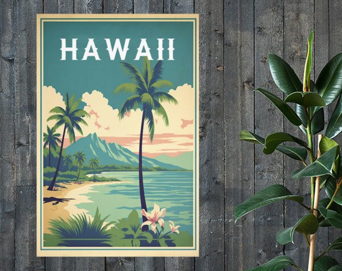 Hawaii Retro Island Vintage Travel Poster Palm Beach Sunset Scene - Image 2