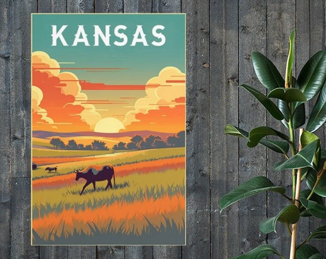 Kansas Prairie Bison Sunset Grassland Vintage Travel Art Poster - Image 2