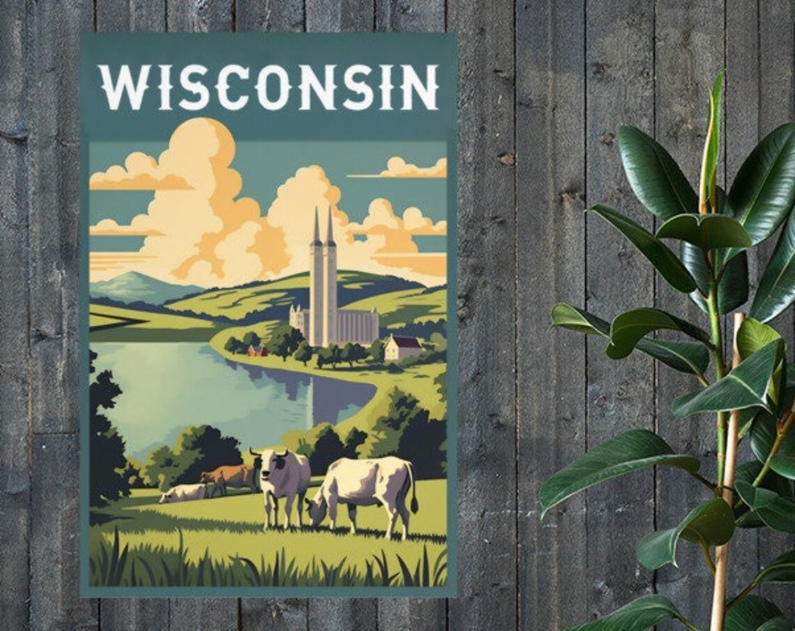 Wisconsin Dairy Cows Pasture Lake Abbey Vintage Travel Poster - Image 3