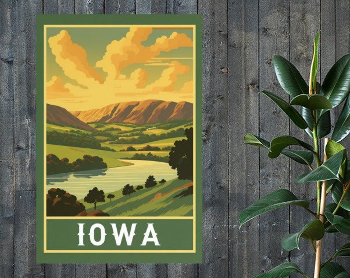 Iowa Rolling Hills Lake Bluffs Green Valley Vintage Travel Poster - Image 2