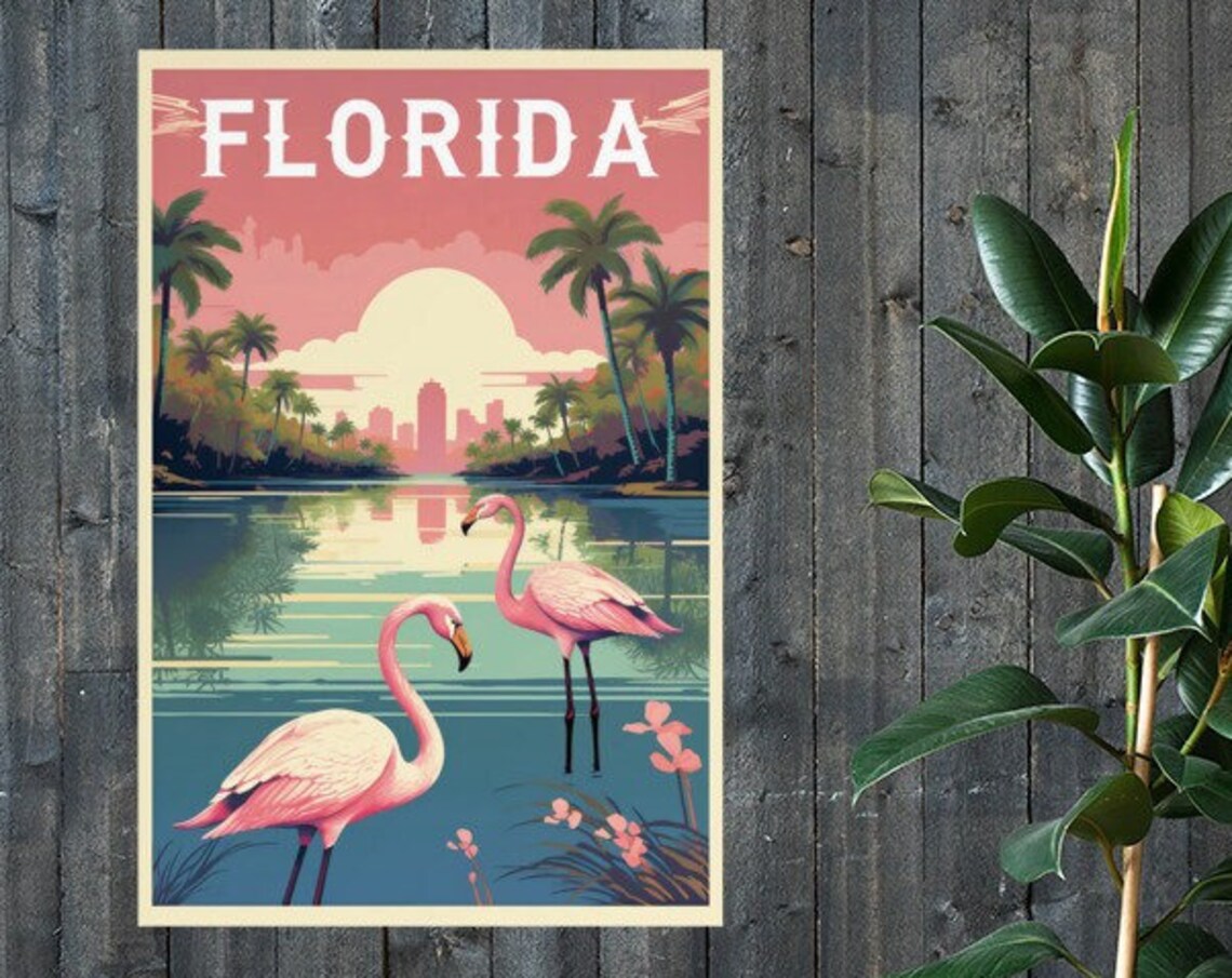 Florida Pink Retro Vintage Travel Poster Flamingos Palm Lake Sunset - Image 2