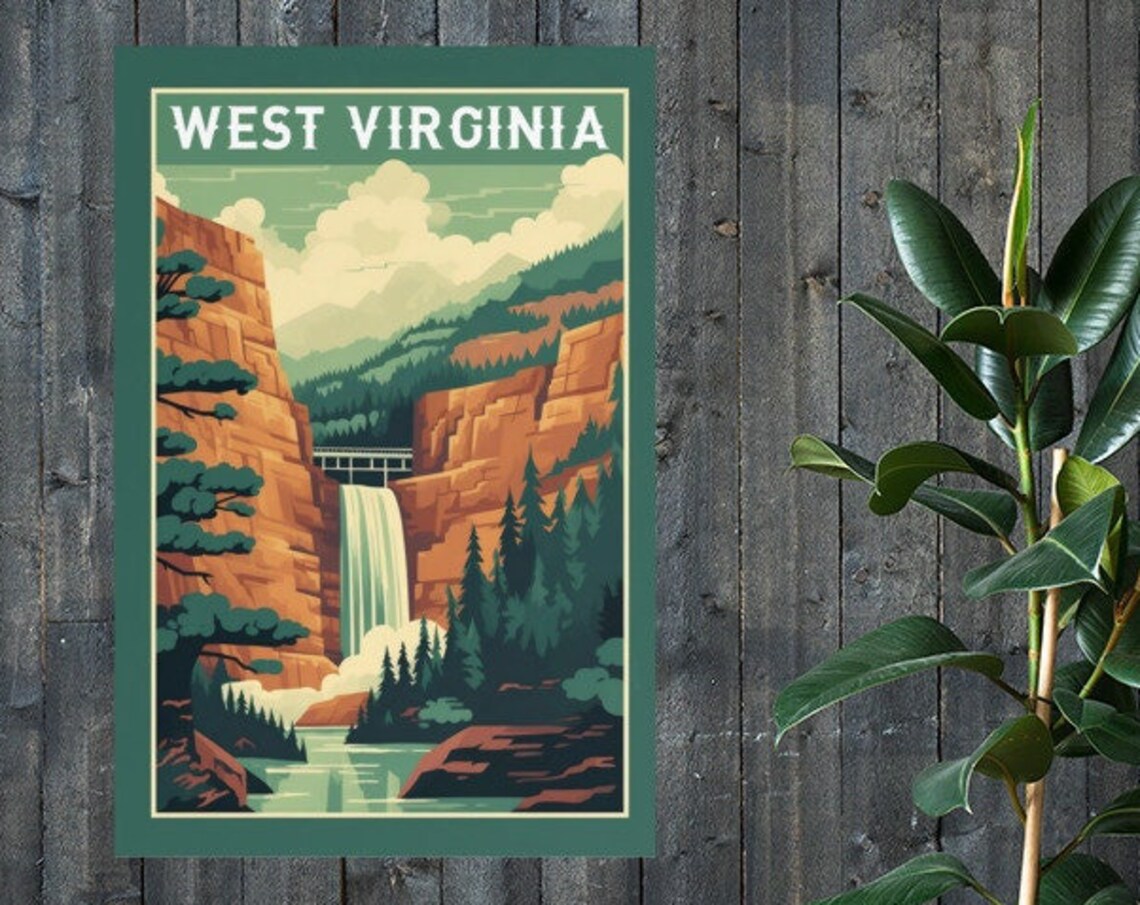 West Virginia Misty Waterfall Canyon Cliffs Vintage Travel Poster - Image 2