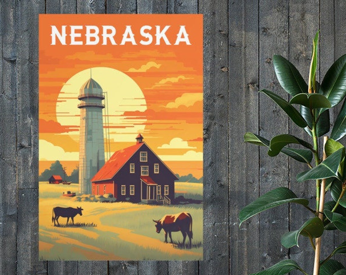 Nebraska Farm Barn Silo Cows Sunset Vintage Travel Poster Art - Image 2
