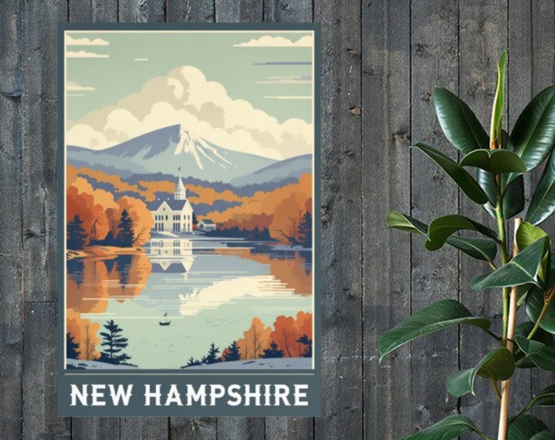 New Hampshire Autumn Church Vintage Travel Poster Lake Fall Mountains - Image 2