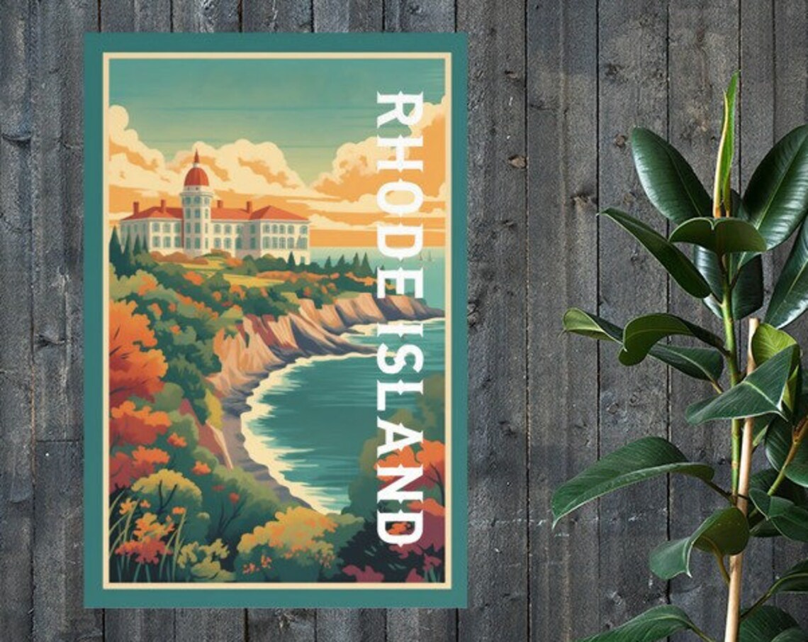 Rhode Island Coastal Cliff Mansion Autumn Shore Vintage Travel Poster - Image 2