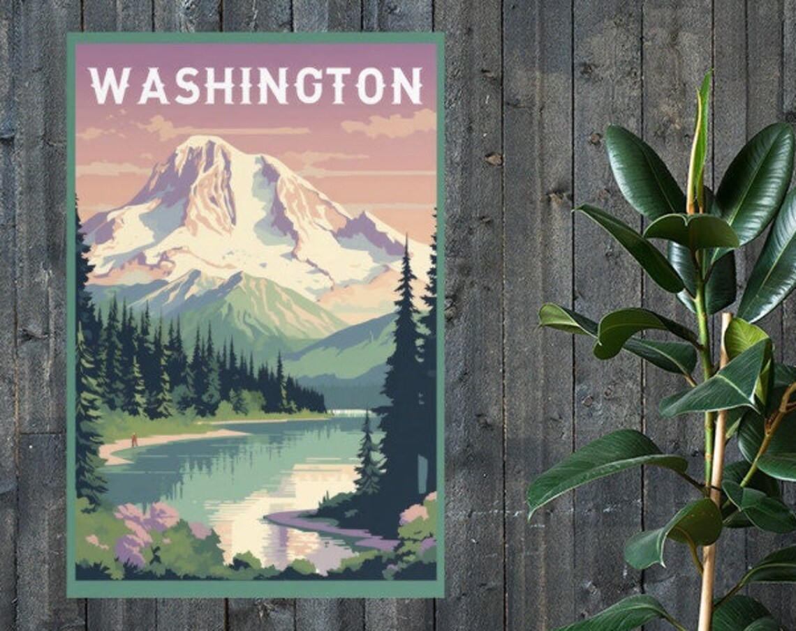 Washington Snowy Mountain Peak Alpine Lake Vintage Travel Poster - Image 3