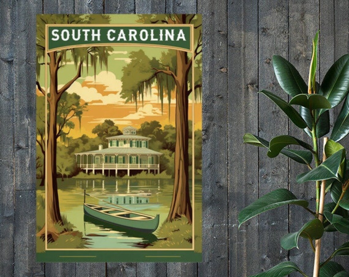 South Carolina Bayou Plantation House Canoe Vintage Travel Poster - Image 2