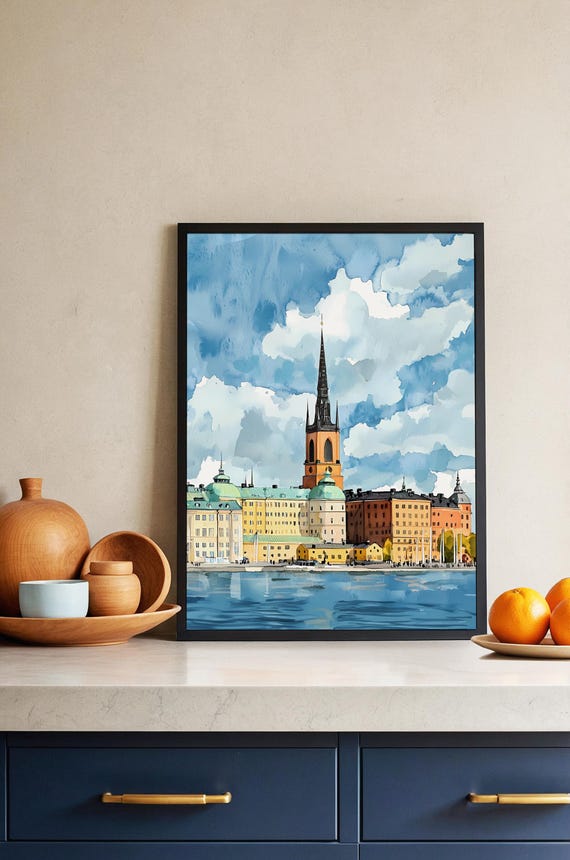 Stockholm Sweden Watercolor Cityscape Print Scandinavian Architecture Art Nordic Wall Europe Travel Poster