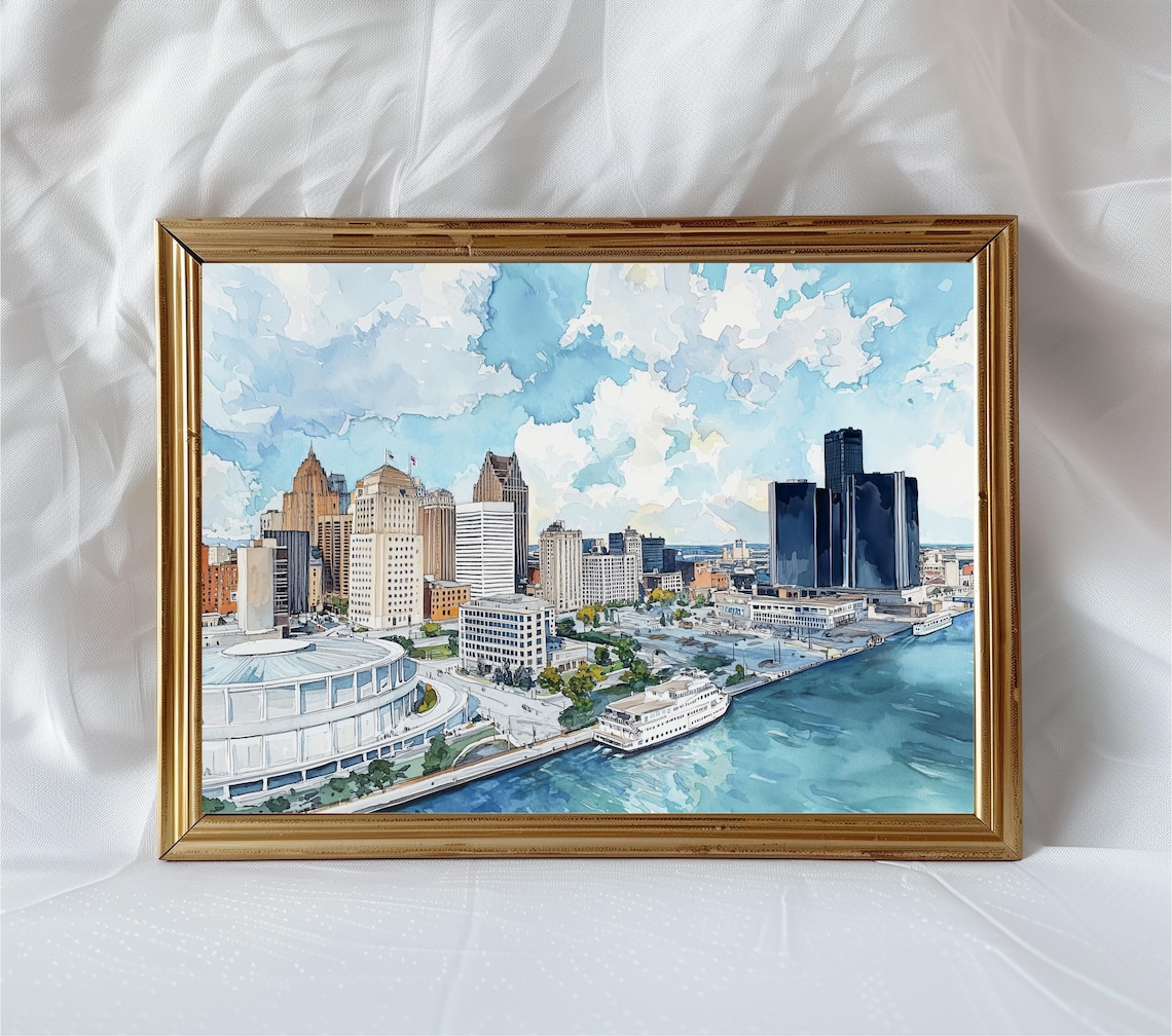 Detroit Skyline Watercolor Print, Riverfront Cityscape