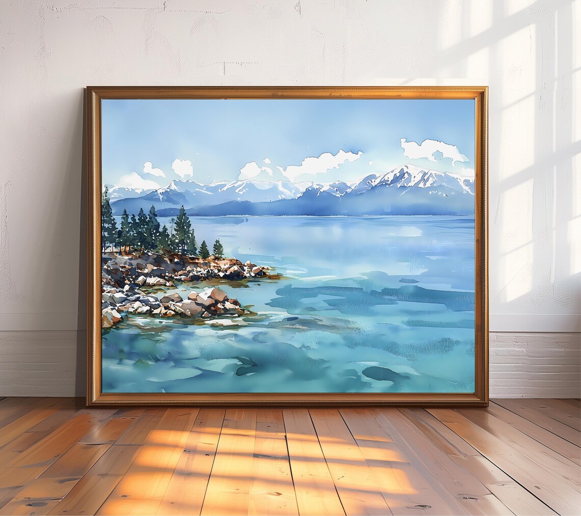 Lake Tahoe Watercolor Print, Snowy Mountain Landscape