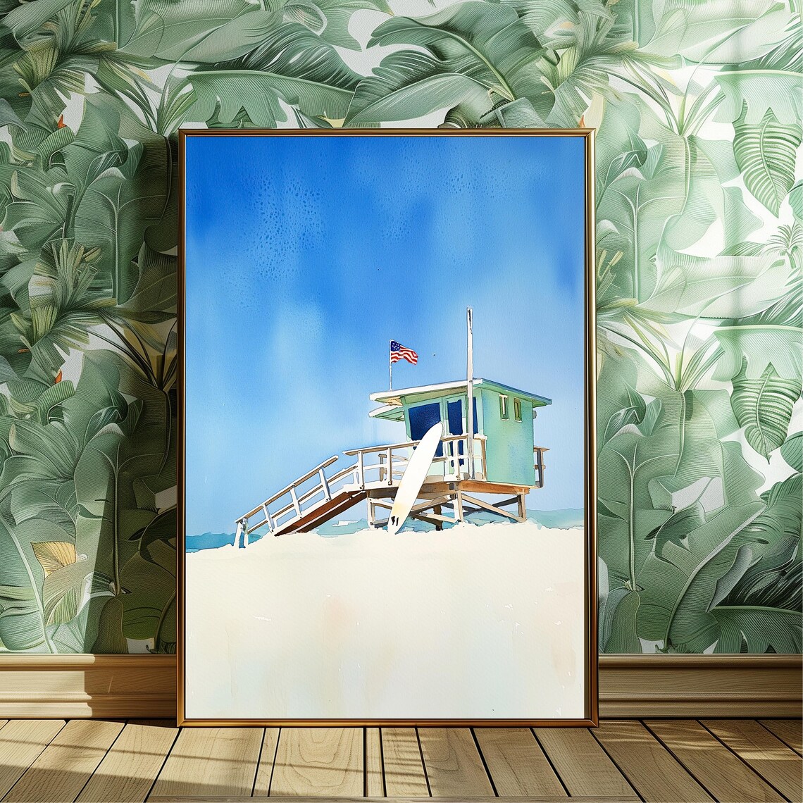 Beach Lifeguard Tower Watercolor Art Print, Coastal