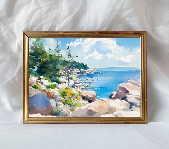 Rocky Ocean Coastline Watercolor Painting Pine Trees Seascape Poster