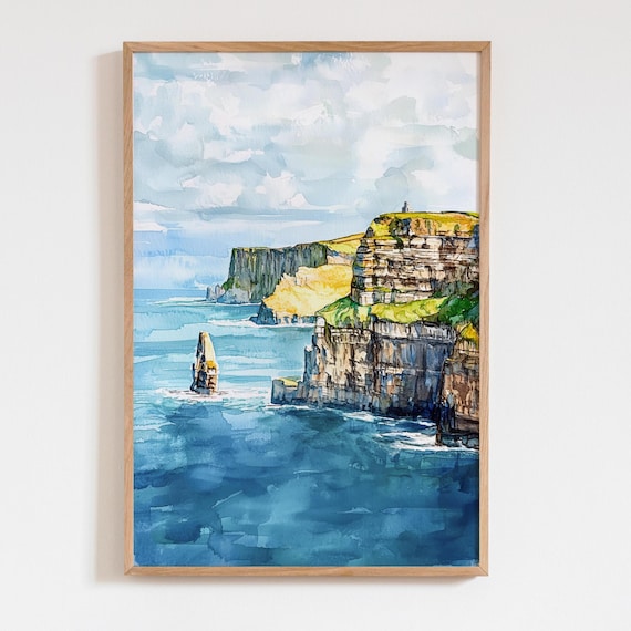 Cliffs of Moher Ireland Watercolor Print Coastal Landscape Wall Decor