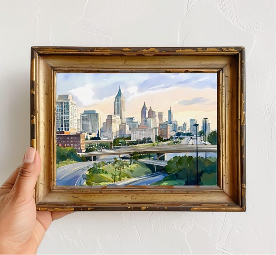 Atlanta Skyline Watercolor Travel Poster, Georgia Cityscape