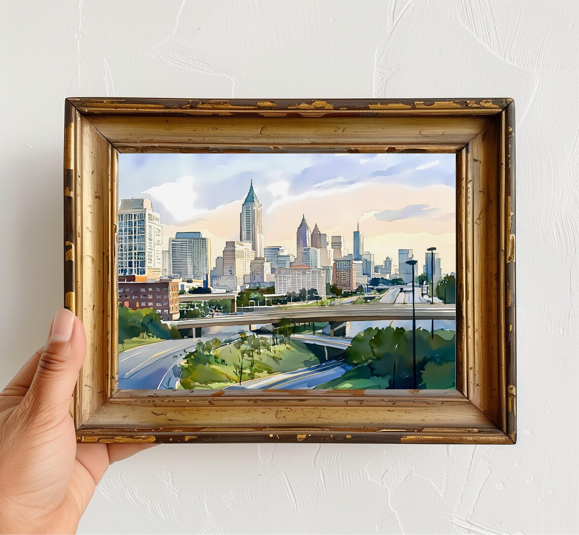 Atlanta Skyline Watercolor Travel Poster, Georgia Cityscape