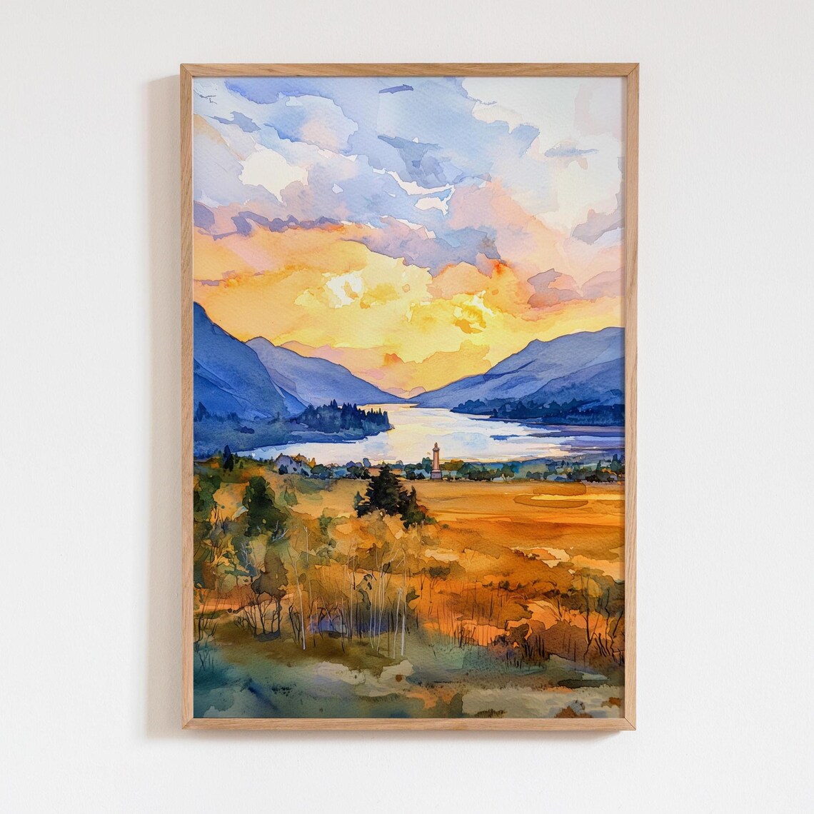 Loch Shiel Glenfinnan Monument Watercolor Scottish Sunset Wall Art