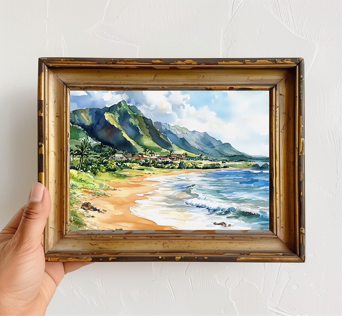Hawaii Kauai Watercolor Travel Poster, Tropical Island