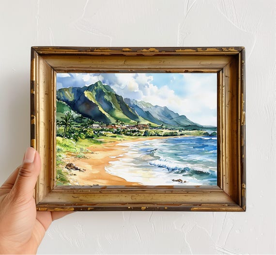 Hawaii Kauai Watercolor Travel Poster, Tropical Island