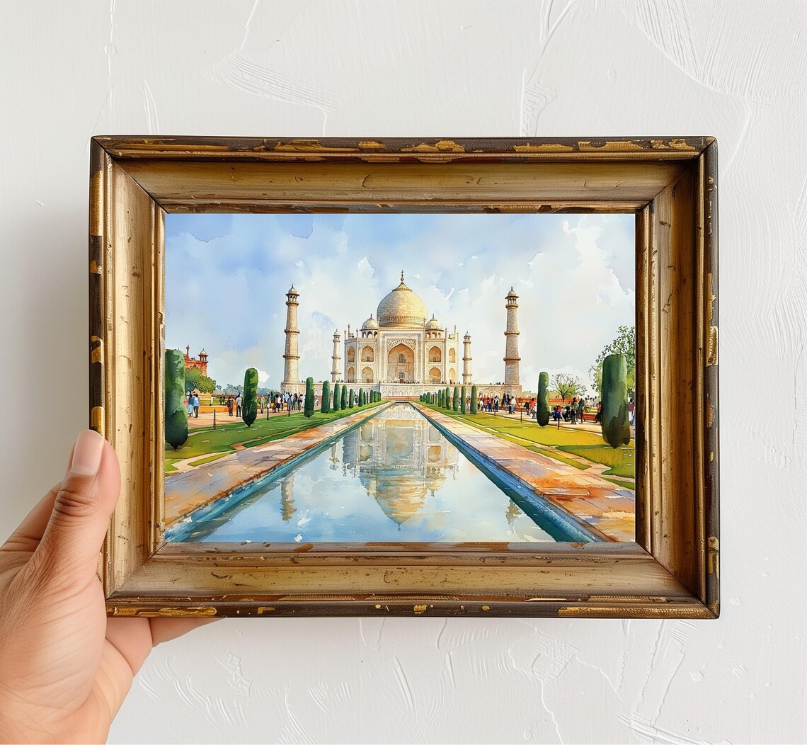 Taj Mahal India White Marble Watercolor Travel Landmark Poster