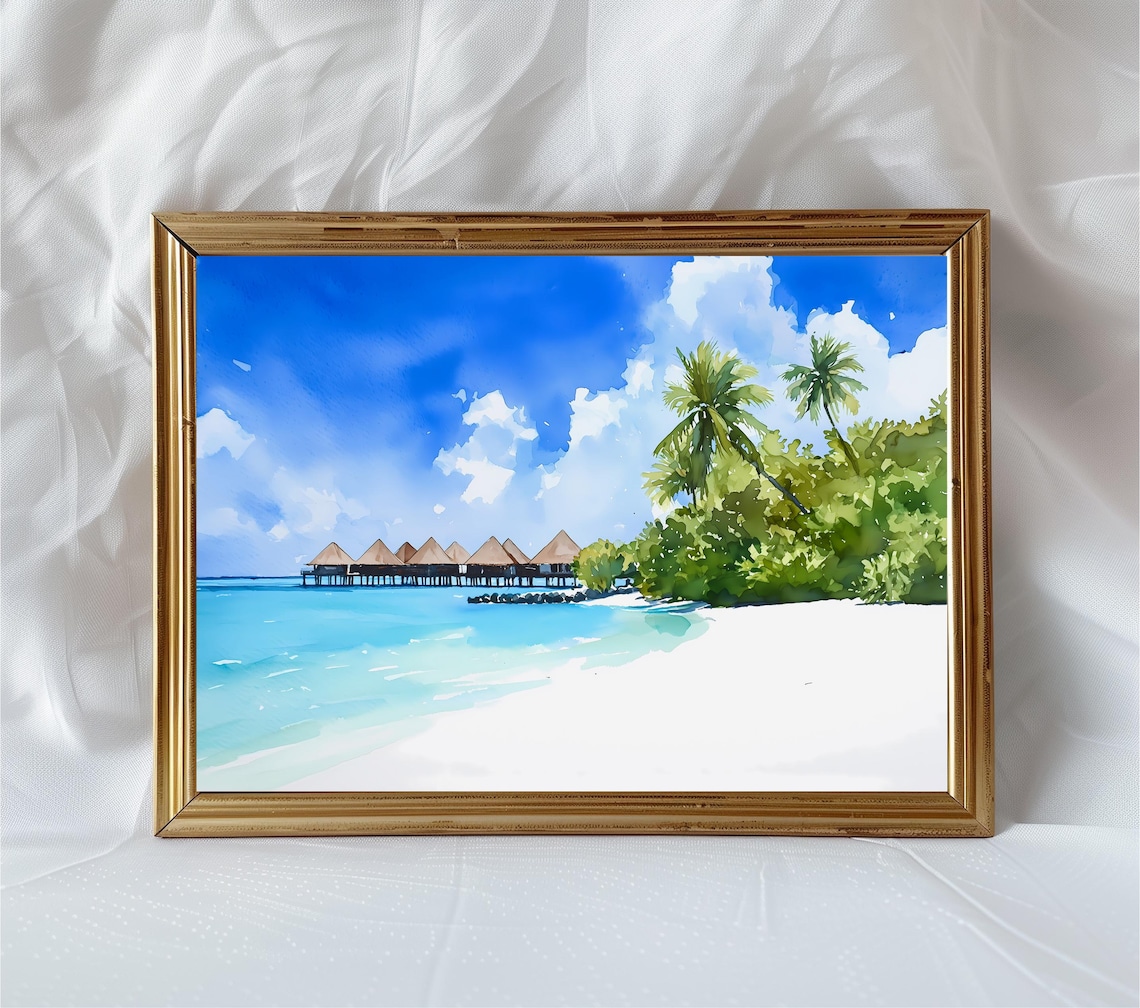 Maldives Beach Watercolor Poster, Tropical Coastal Scene