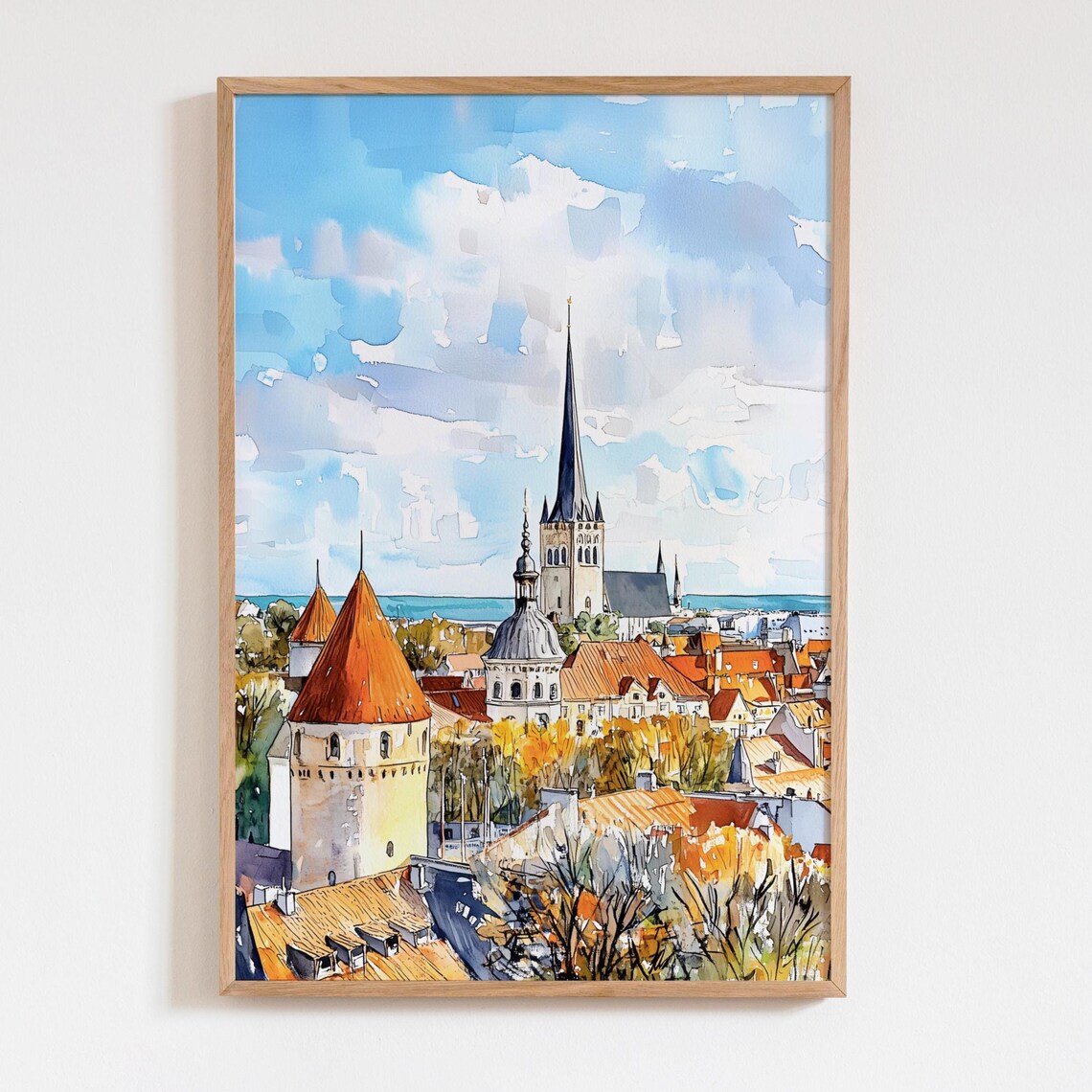 Tallinn Estonia Old Town Watercolor Red Rooftops Church Spires Wall Art