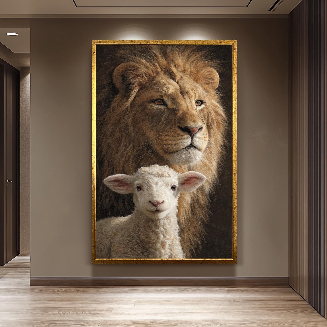 Lion and Lamb Regal Wildlife Portrait Tender Spiritual Art Poster