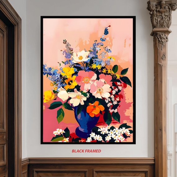Colorful Wildflower Bouquet Blue Vase Bold Floral Still Life Poster