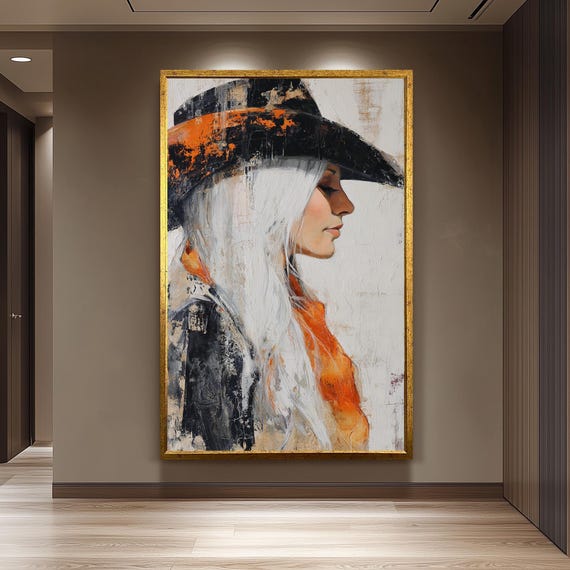 Abstract Cowgirl Oil Painting On Canvas Western Woman With Long White Hair And Orange Scarf In Black Hat Rustic Wall Art For Home