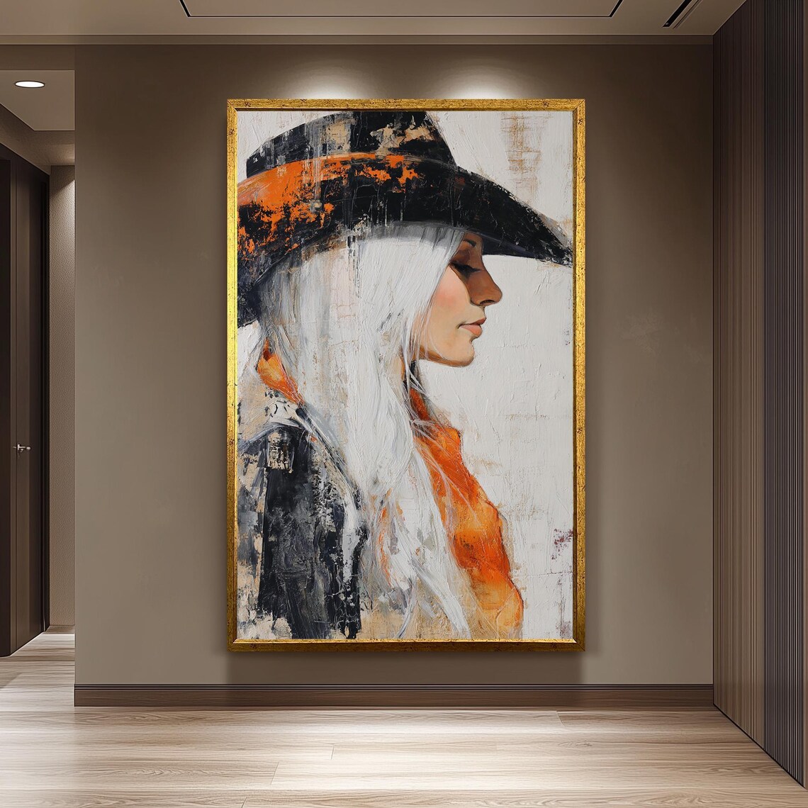 White Hair Cowgirl in Painted Hat Western Oil Painting Portrait Poster