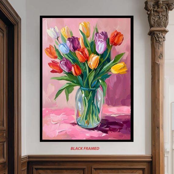Colorful Tulip Bouquet Canvas Wall Art Bright Spring Flowers In Glass Vase Modern Floral Painting For Elegant Home Decor Print