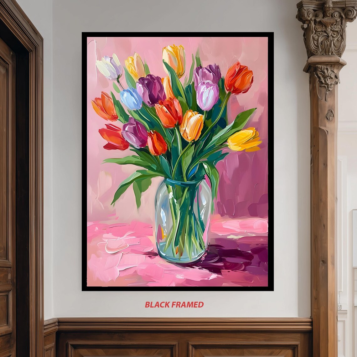 Colorful Tulip Bouquet Oil Painting Bright Spring Flowers Vase Poster