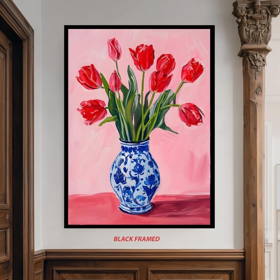 Red Tulips In Blue Floral Ceramic Vase, Botanical Art Print