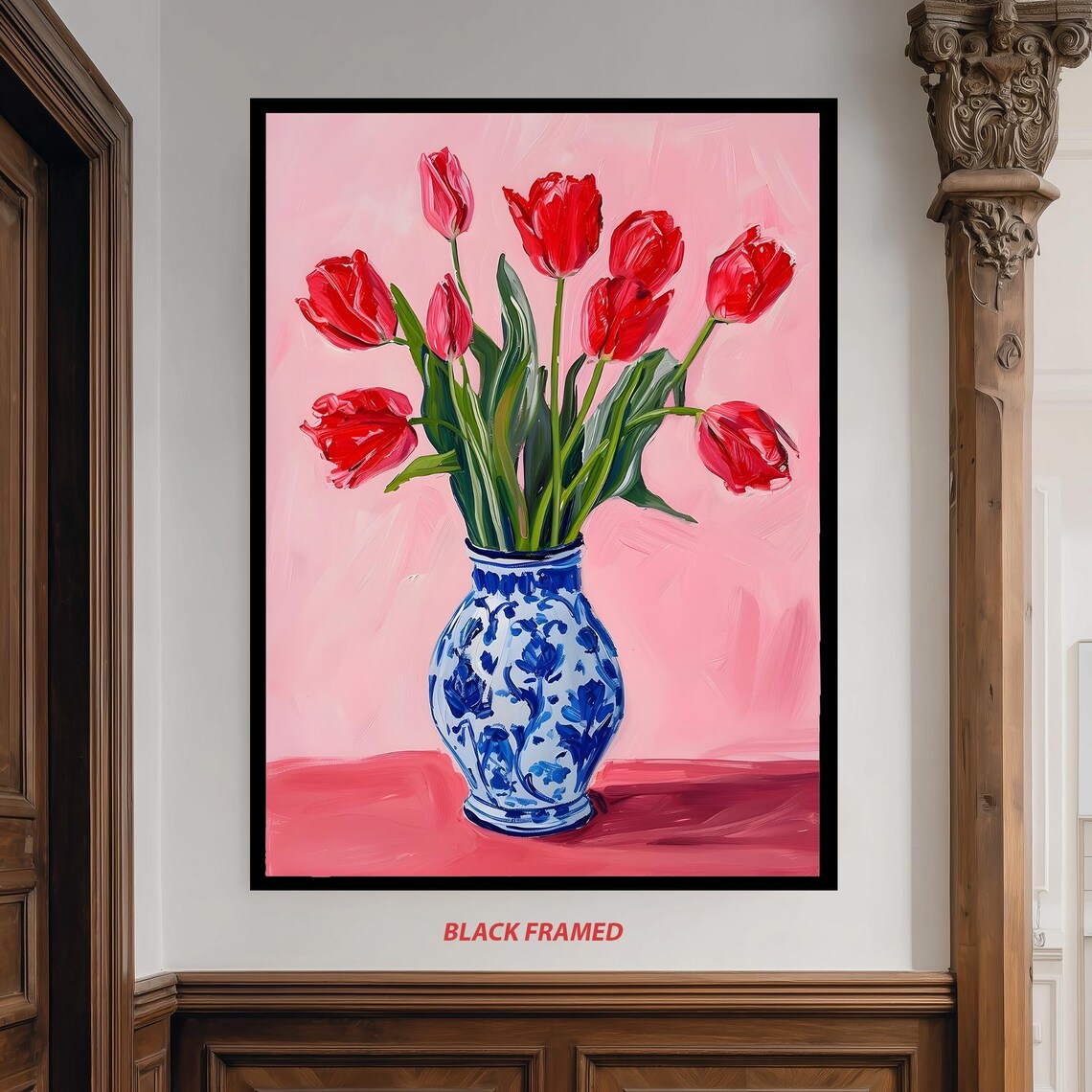 Red Tulips In Blue Floral Ceramic Vase, Botanical Art Print