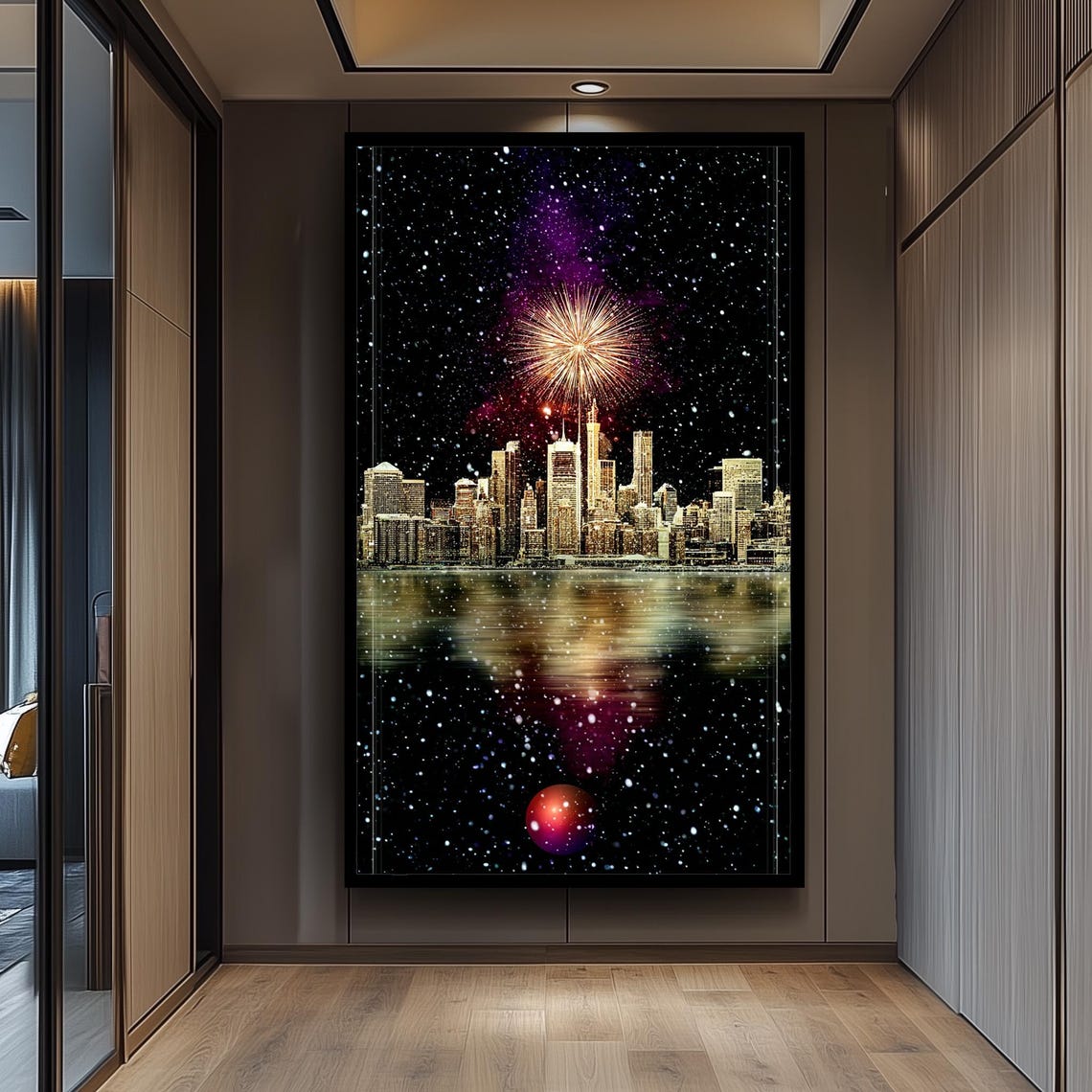 Golden Fireworks Over a Snowy Night City Skyline Celebration Poster