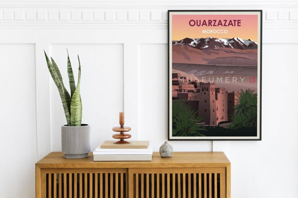 Ouarzazate Morocco Vintage Travel Poster Pink Kasbah Mountains - Image 2