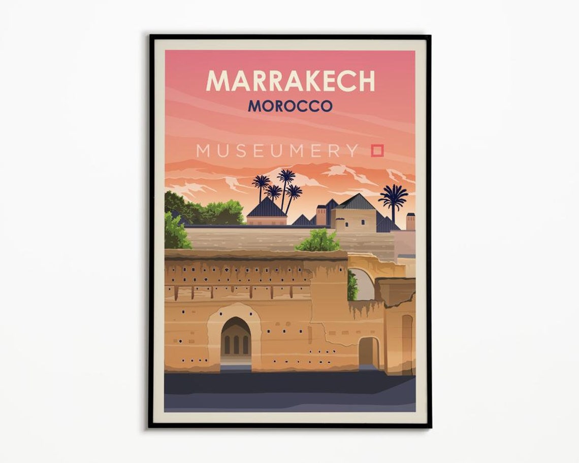 Marrakech Morocco Vintage Travel Poster Pink Sunset City Wall