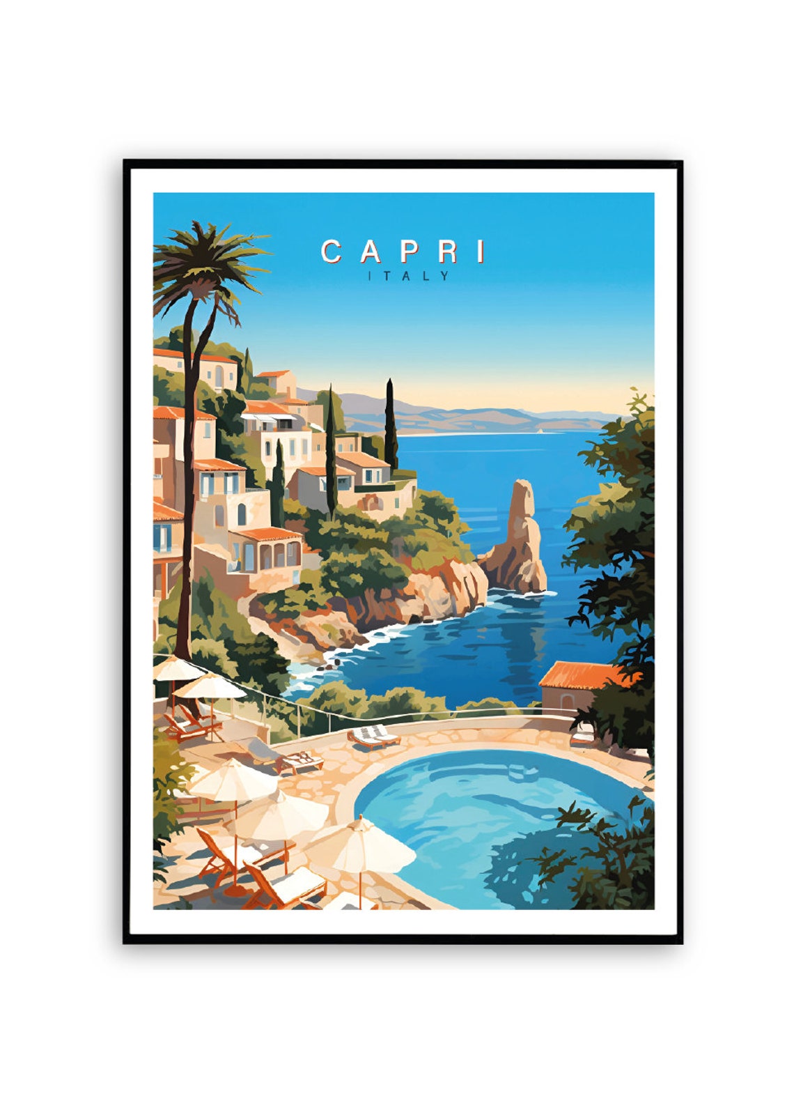Capri Italy Coastal Village with Pool Vintage Travel Poster Art