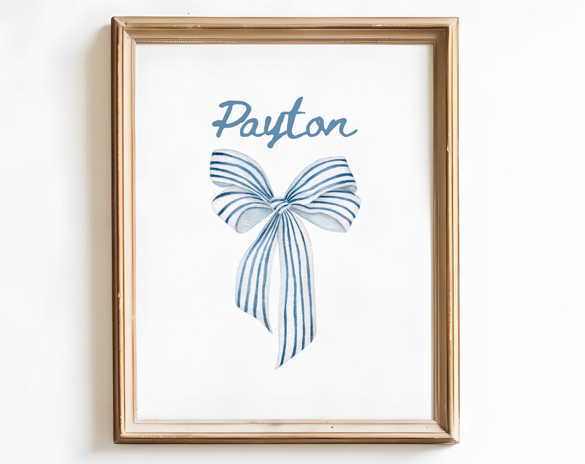 Personalized Blue Striped Bow Watercolor Name Nursery Poster