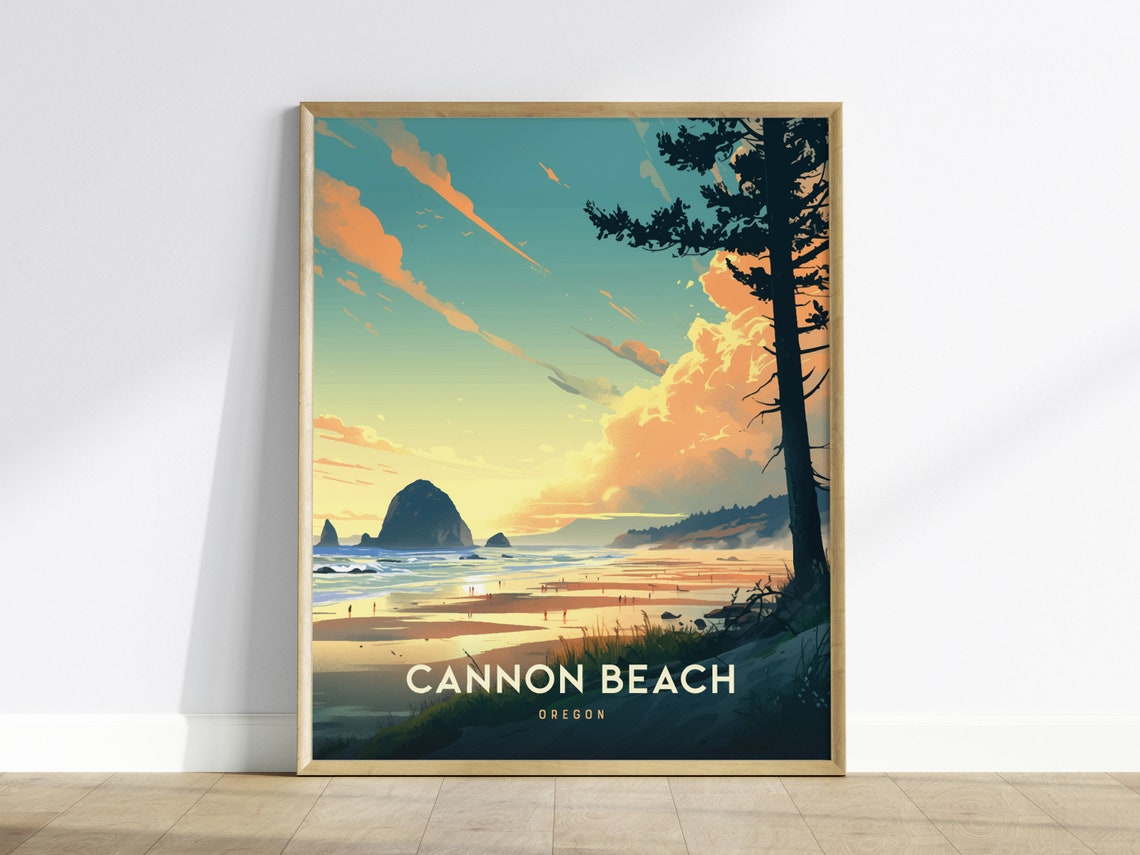 Cannon Beach Oregon Haystack Rock Sunset Vintage Travel Poster