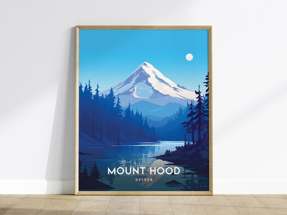 Mount Hood Oregon Snowy Peak Lake Pines Night Scene Art Poster